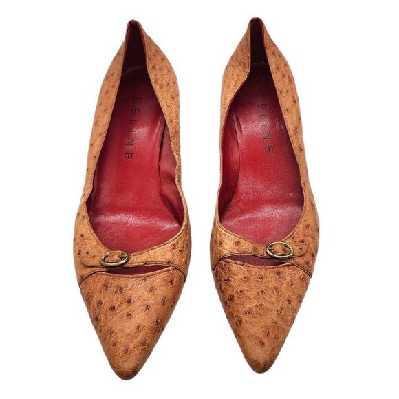 Vintage Y2K Celine Ostrich Exotic Leather Kitten Heel Pumps 38.5 Pointed Toe - Picture 3 of 10